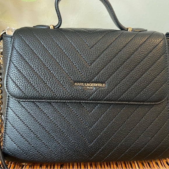 Karl Lagerfield Paris Charlotte Satchel Black Chevron Quilted Leather Crossbody - Picture 3 of 12